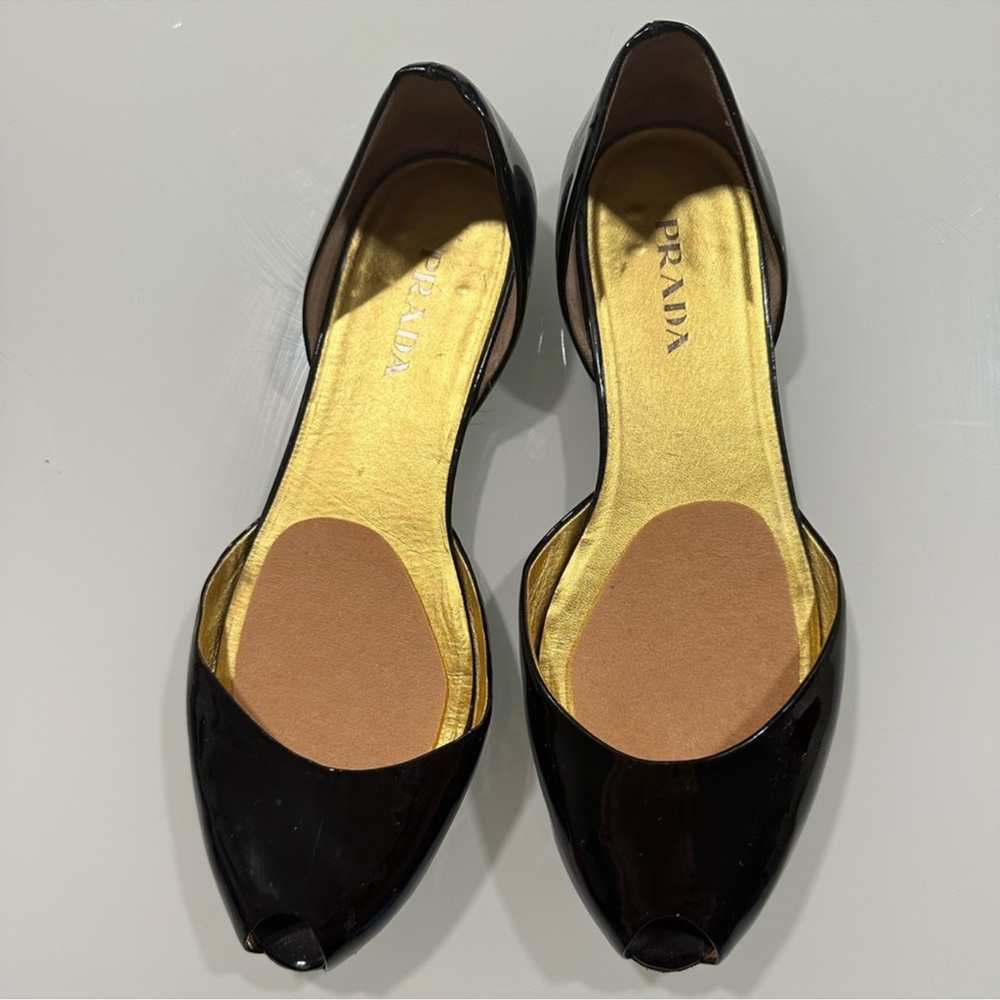 Prada classic black Patent Leather Peep Toe Ballet Flats size EU 39 USA 8.5
